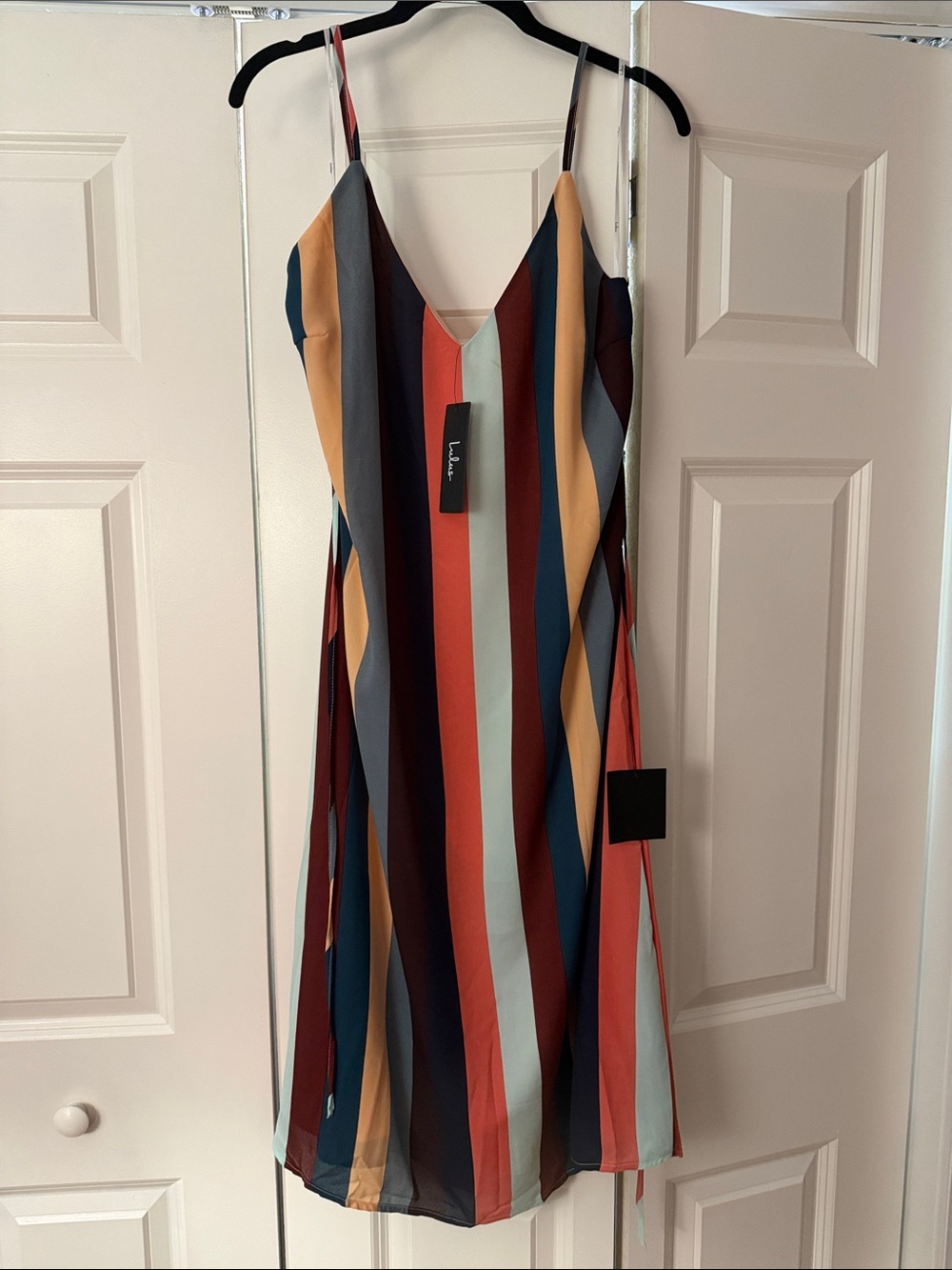 Lulu's Multi-Striped V-Neck Slip Dress in Coral, Teal & Mustard